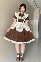 Brown Short Sleeves Stripe Print Ruffle Bowknot Sweet Plus Size Maid Lolita Dress